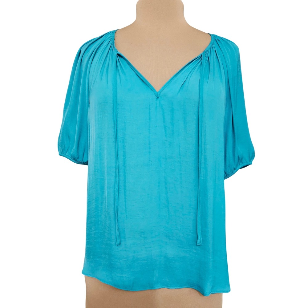 Rachel Rachel Roy Womens Turquoise Blue V-Neck Tie Puff Sleeve Blouse‎ Size M